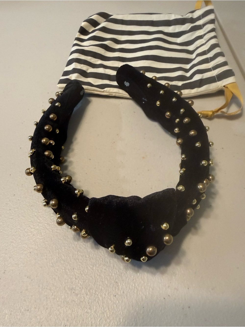 Lele Sadoughi Black Velvet Headband with Gold Pearl Studs